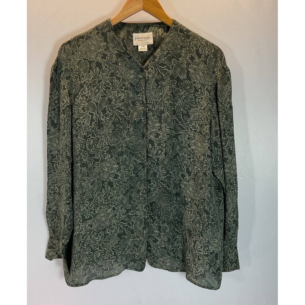VTG‎ Emanuel Ungaro Womens size US 10 Silk Blouse Floral Long Sleeve GREEN